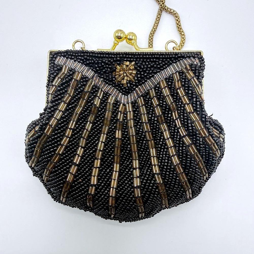 La Regale Vintage Black Beaded Shell Evening Bag Gold Chain Kiss Lock Crossbody